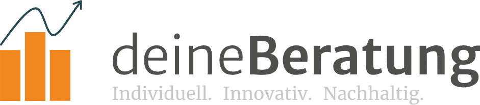 Das Logo von „deineBeratung“ zeigt ein orangefarbenes Balkendiagramm mit einem nach oben gerichteten Pfeil. Der Text darunter lautet „Individuell. Innovativ. Nachhaltig.“ auf weißem Hintergrund.