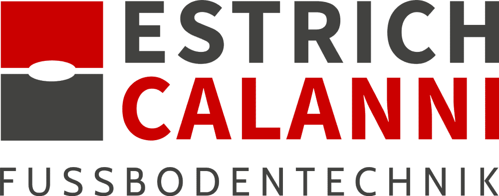 Logo mit dem Text „Estrich Calanna“ in großen Buchstaben und darunter „Fussbodentechnik“. Das Design besteht aus zwei Quadraten, einem roten und einem grauen, die durch einen rot-grauen Kreis getrennt sind.