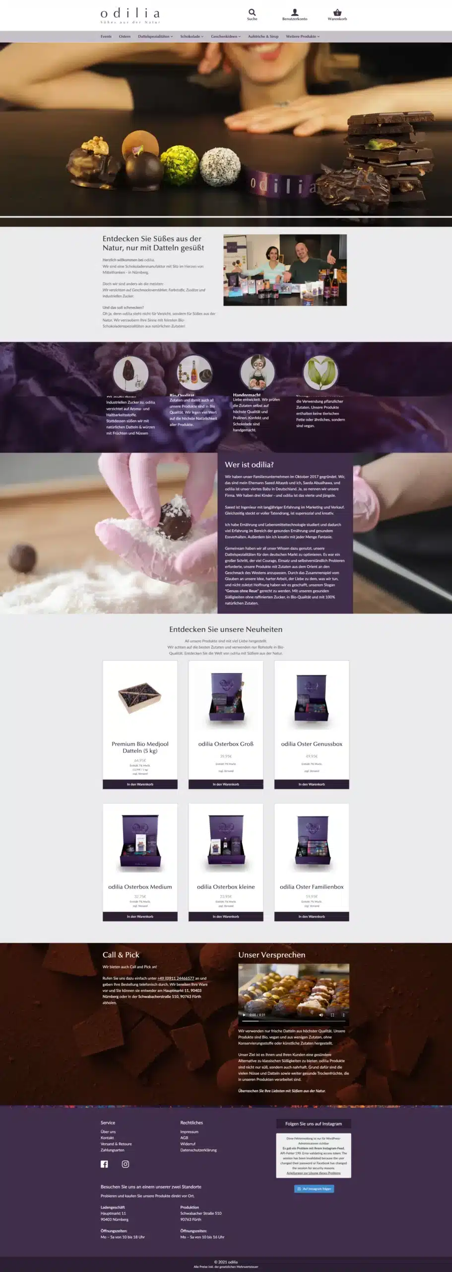 Screenshot der Gourmet-Schokoladen-Website von Odilia vor dem Relaunch. Oben ist eine Auswahl an Trüffeln zu sehen. Die Seite enthält Bilder von Schokolade in verschiedenen Formen, einen Abschnitt über die Marke und eine Produktliste mit verschiedenen Schokoladenpackungen zum Verkauf.